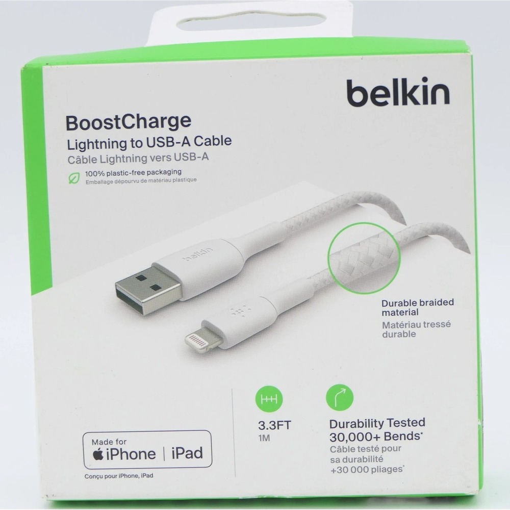 Belkin BoostCharge Lightning to USB-A Cable 3.3ft 1M White Braided MFi-Certified